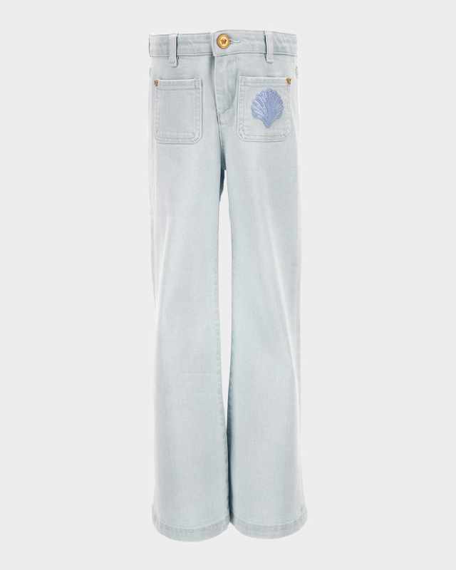 Girl's De La Mer Shell Embroidered Denim Pants, Size 6-